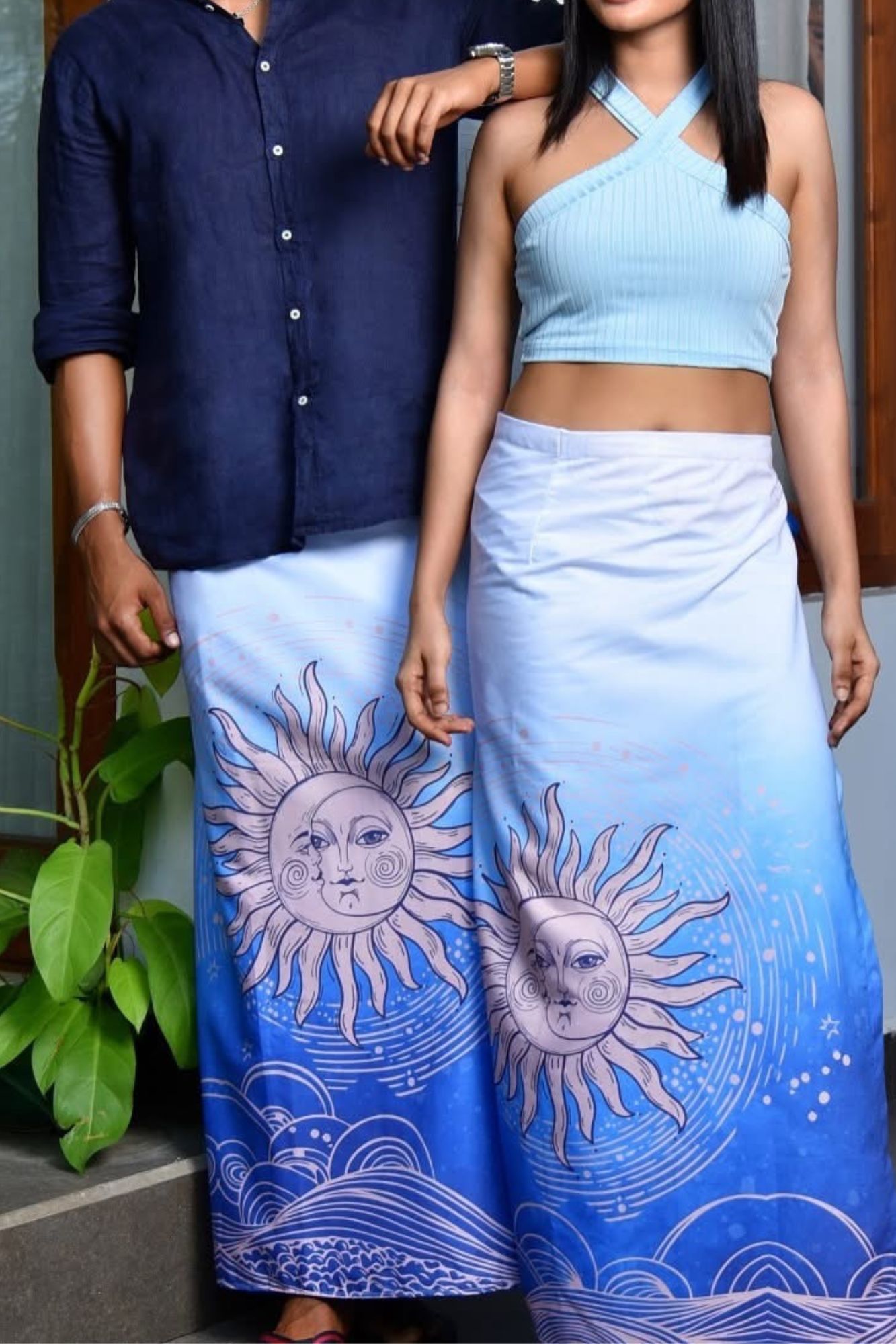Vibrant Blue and White printed Batik Design Couple Set