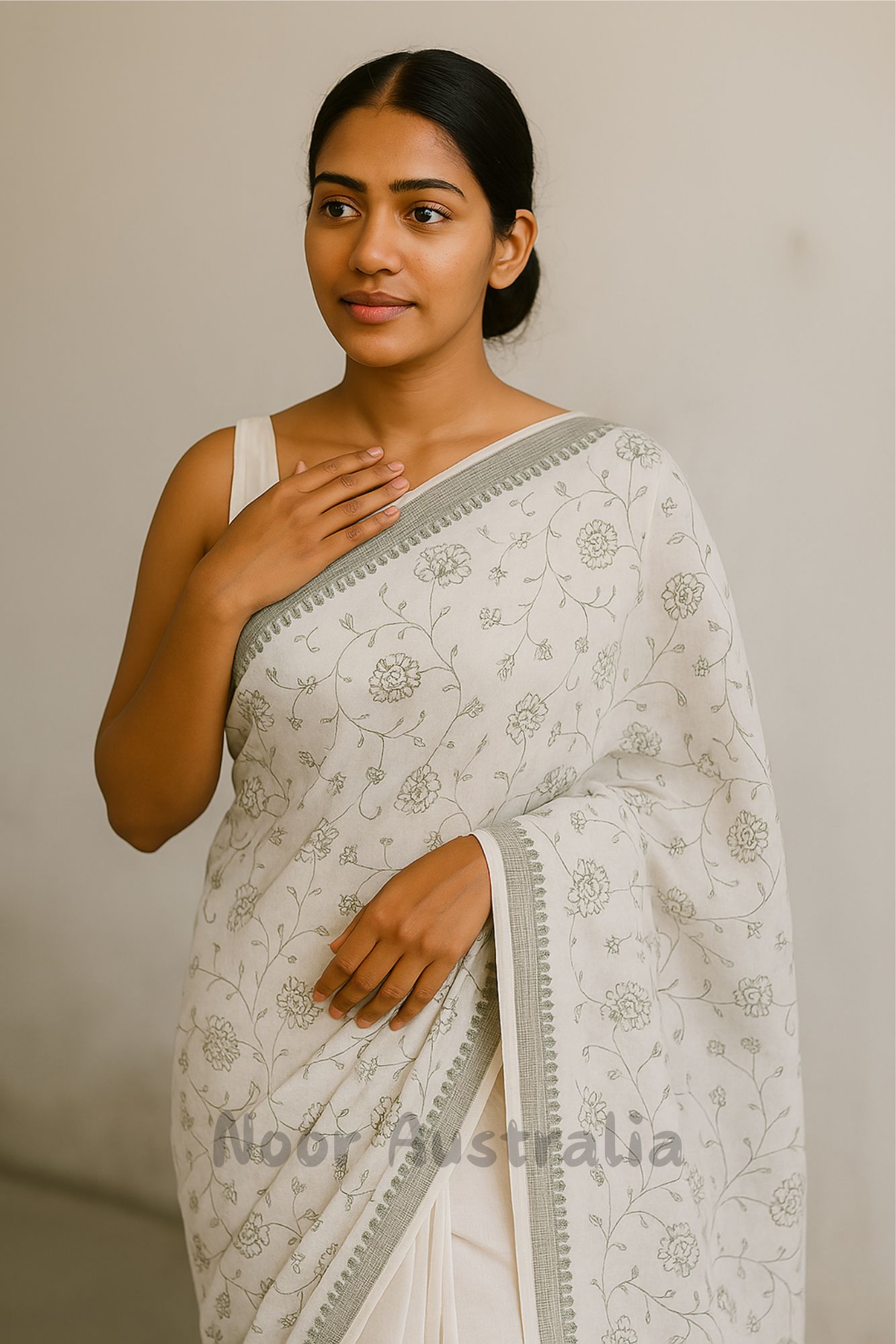 Sri Lankan White Saree with Floral Charm - NRSSW103