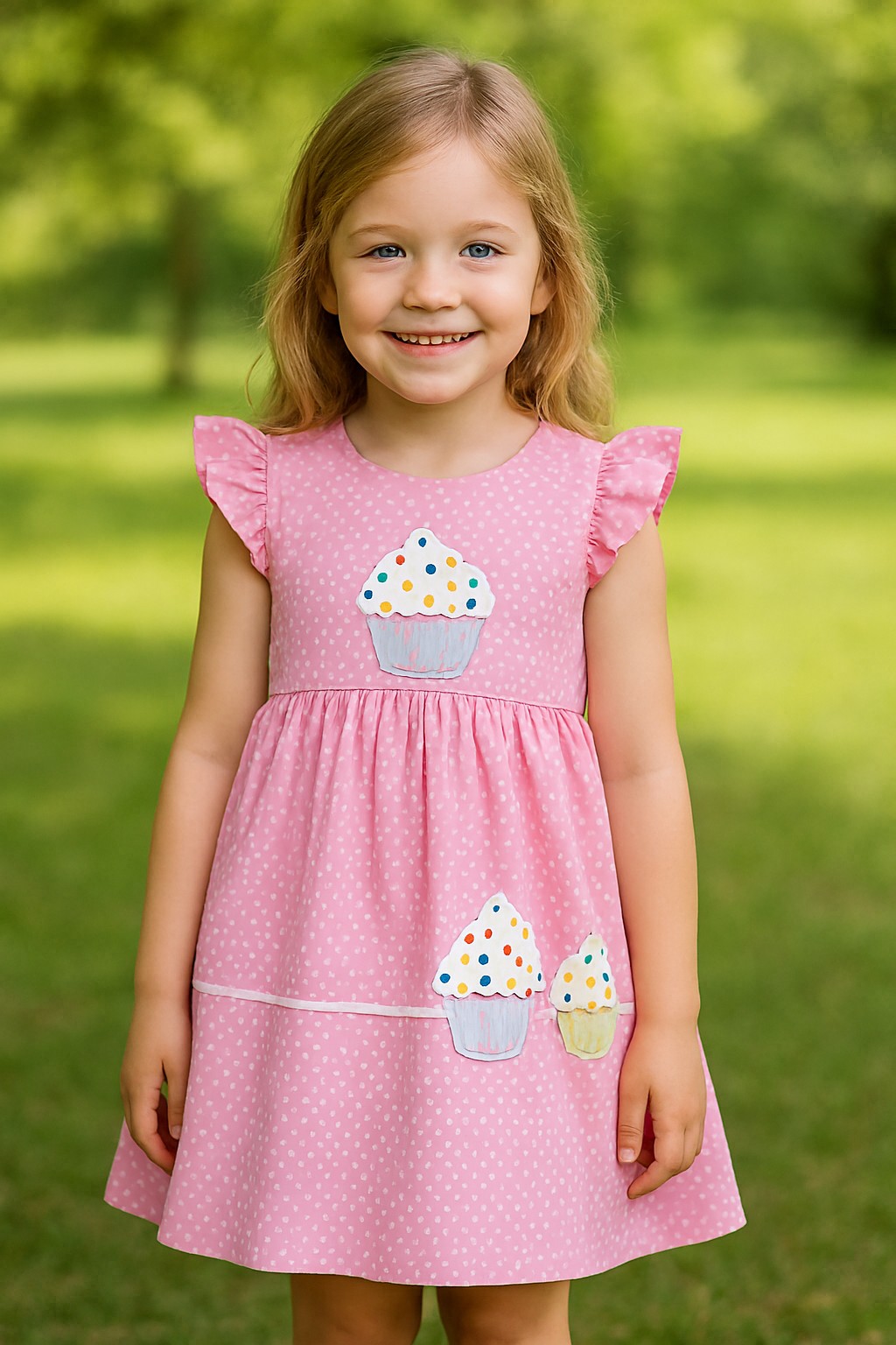 🧁 Pink Cup Cake – Girls' Polka Dot Dress with Colorful Cupcake Appliqués - NRTT006