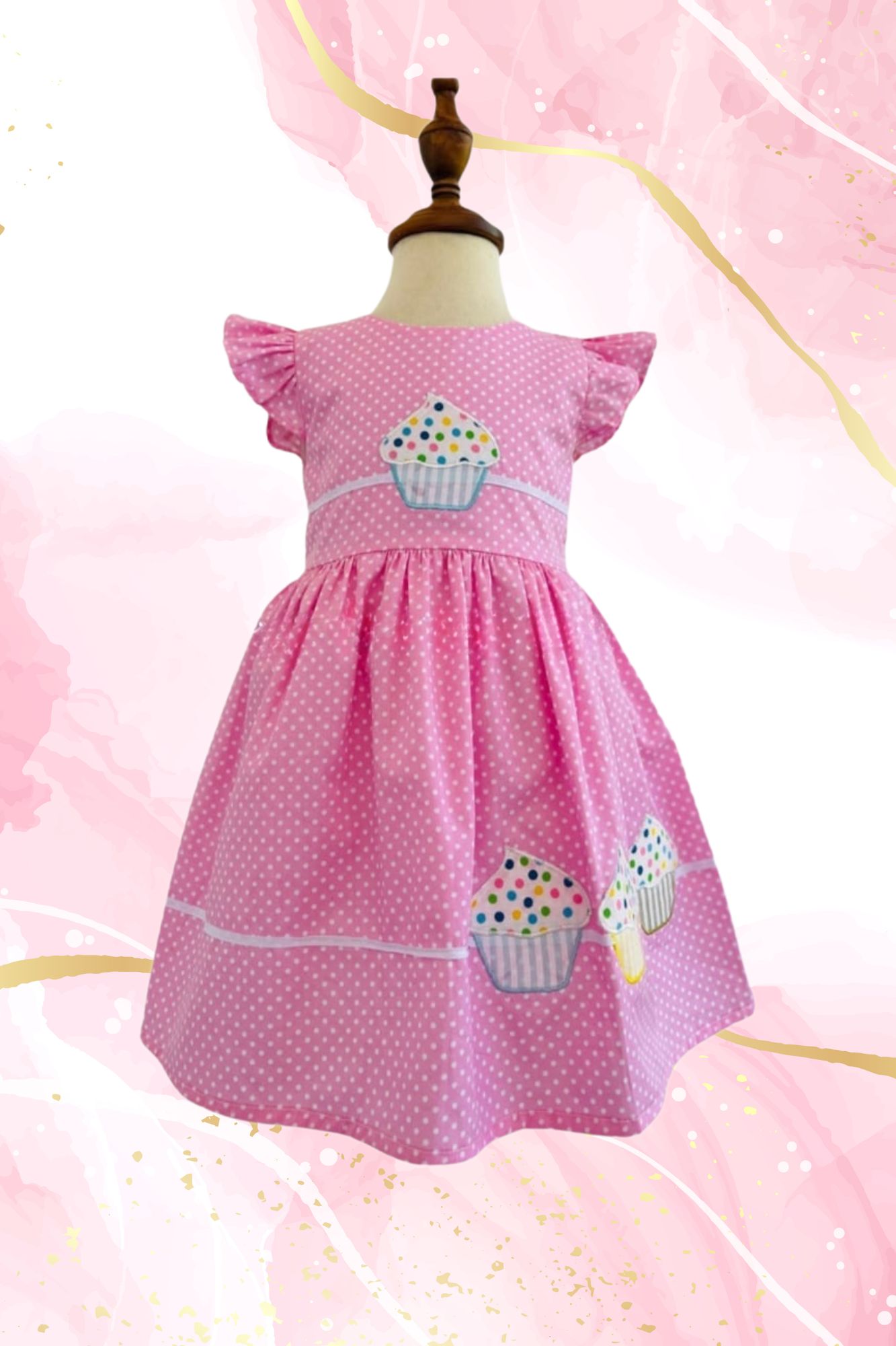 🧁 Pink Cup Cake – Girls' Polka Dot Dress with Colorful Cupcake Appliqués - NRTT006 - Image 2