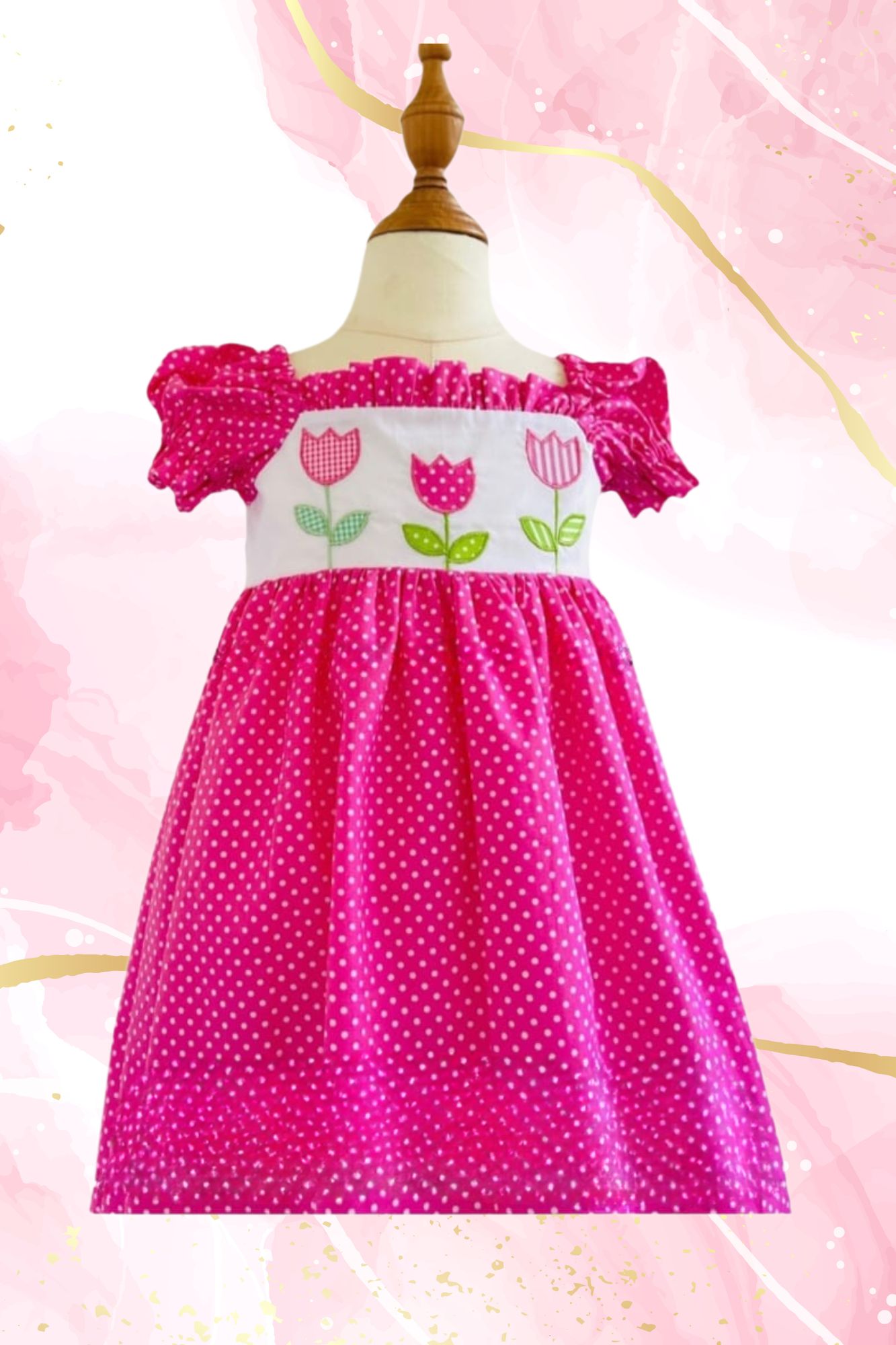 🌷 Pink Tulip – Girls' Polka Dot Dress with Embroidered Floral Charm - NRTT007