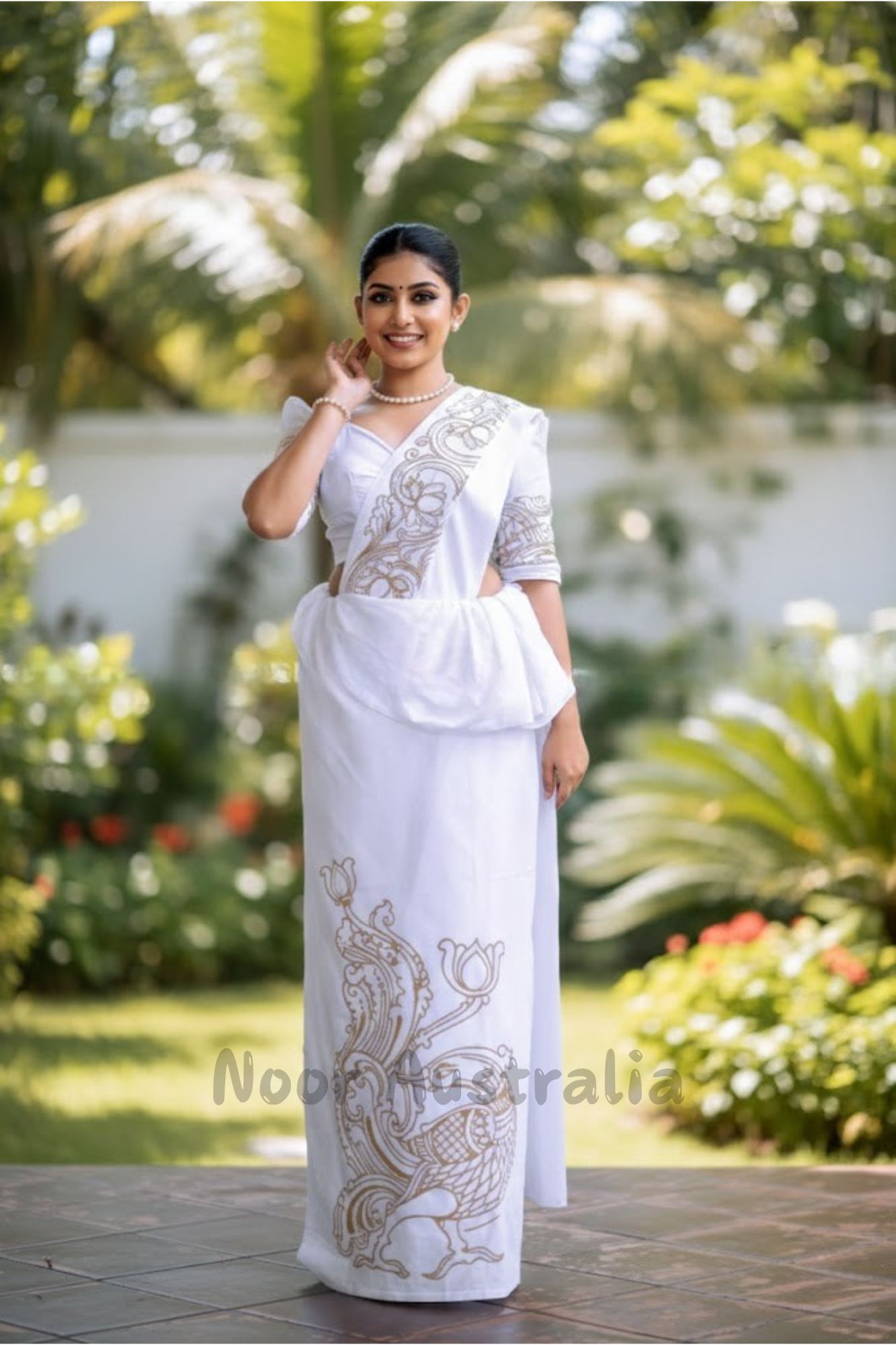 Sri Lankan Printed White Saree - NRGW504